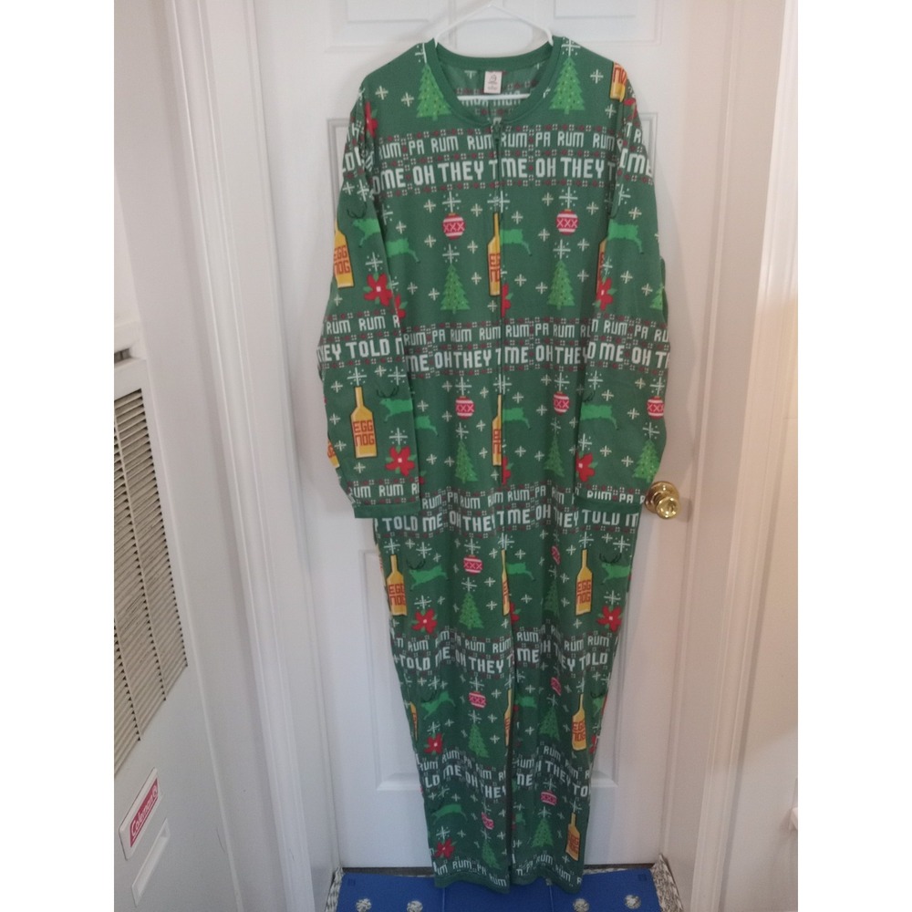 Adult Size XL One Piece Full Zip Christmas Pajamas Rum‎ Alcohol Ugly Holiday